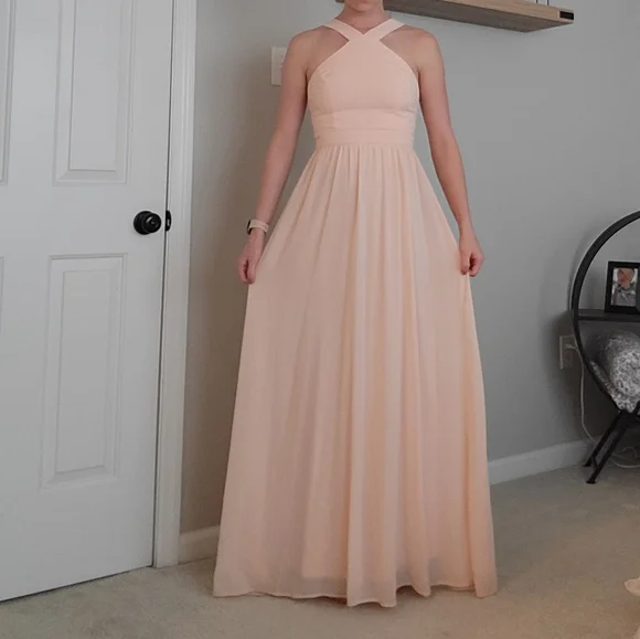 knee length dresses for ladies Light Pink Sleek Satin V-Neck Dress For Prom With Beading And Lace-Up main image 1